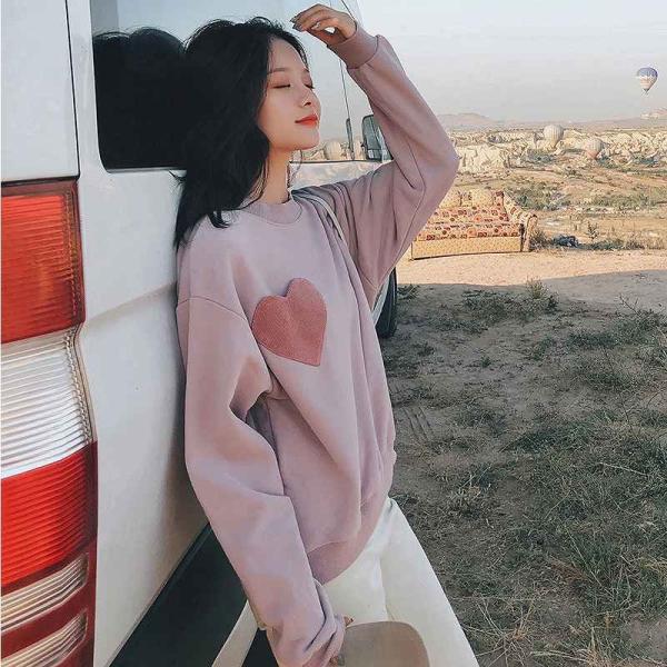 レディース　トップス　トレーナー　長袖　ハート　ワッペン　ゆったり　カジュアル　大人可愛い　フェミニン　お出かけ　デート　デイリー　ピンク　S　M　L　送料無料