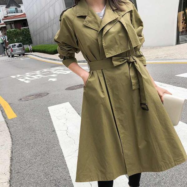 レディース　アウター　トレンチコート　無地　ウエストベルト　ロング　ゆったり　カジュアル　大人可愛い　フェミニン　オフィス　お出かけ　デート　デイリー　グリーン　ブルー　S　M　L　送料無料