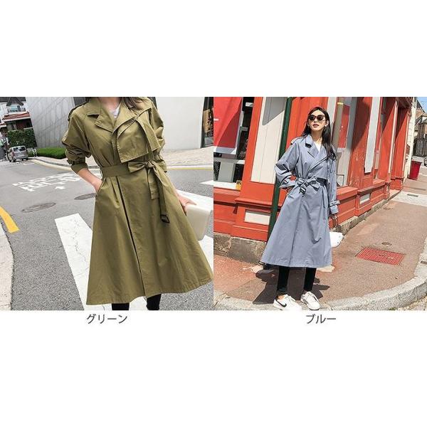 レディース　アウター　トレンチコート　無地　ウエストベルト　ロング　ゆったり　カジュアル　大人可愛い　フェミニン　オフィス　お出かけ　デート　デイリー　グリーン　ブルー　S　M　L　送料無料
