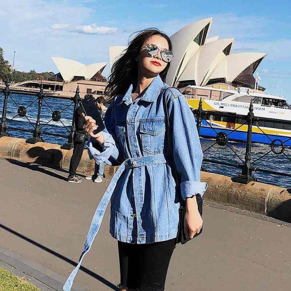 レディース　アウター　デニム　ジャケット　Gジャン　ジージャン　ミディ丈　無地　ウエストベルト　カジュアル　大人可愛い　ストリート　お出かけ　デート　デイリー　ブルー　S　M　L　送料無料