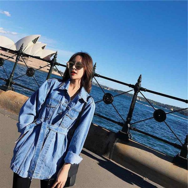 レディース　アウター　デニム　ジャケット　Gジャン　ジージャン　ミディ丈　無地　ウエストベルト　カジュアル　大人可愛い　ストリート　お出かけ　デート　デイリー　ブルー　S　M　L　送料無料