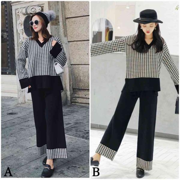 レディース　2点上下セット　ニット　千鳥格子　チェック柄　Vネック　アンクルパンツ　ゆったり　長袖　カジュアル　キュート　可愛い　フェミニン　きれいめ　上品　エレガント　おしゃれ　お出かけ　オフィス　お呼ばれ　ブラック　カーキ　フリーサイズ　送料無料