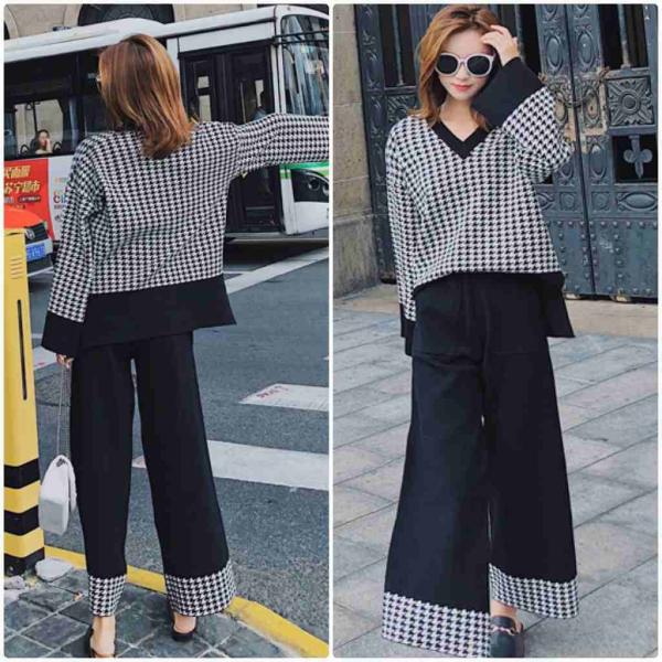 レディース　2点上下セット　ニット　千鳥格子　チェック柄　Vネック　アンクルパンツ　ゆったり　長袖　カジュアル　キュート　可愛い　フェミニン　きれいめ　上品　エレガント　おしゃれ　お出かけ　オフィス　お呼ばれ　ブラック　カーキ　フリーサイズ　送料無料