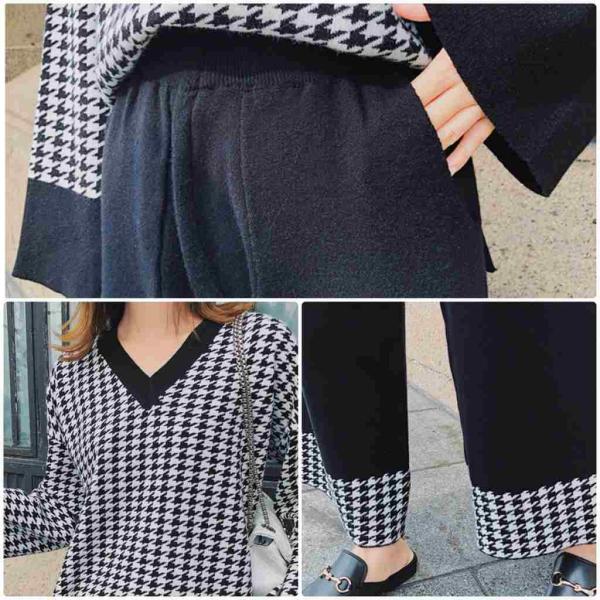 レディース　2点上下セット　ニット　千鳥格子　チェック柄　Vネック　アンクルパンツ　ゆったり　長袖　カジュアル　キュート　可愛い　フェミニン　きれいめ　上品　エレガント　おしゃれ　お出かけ　オフィス　お呼ばれ　ブラック　カーキ　フリーサイズ　送料無料