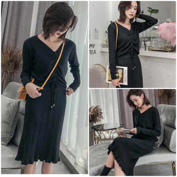 レディース　上下2点セット　ニットセーター　カットソー　ニットスカート　フレア　フリル　Vネック　長袖　カジュアル　キュート　可愛い　フェミニン　きれいめ　上品　エレガント　おしゃれ　お出かけ　オフィス　お呼ばれ　ブルー　ブラック　パープル　送料無料