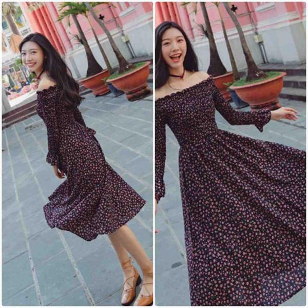 レディース　ワンピース　肩出し　肩見せ　オフショルダー　ハイウエスト　花柄　フレア　ミディ丈　ミモレ丈　長袖　カジュアル　キュート　可愛い　フェミニン　きれいめ　上品　エレガント　おしゃれ　お出かけ　お呼ばれ　ブラック　S　M　L　XL　サイズ　送料無料