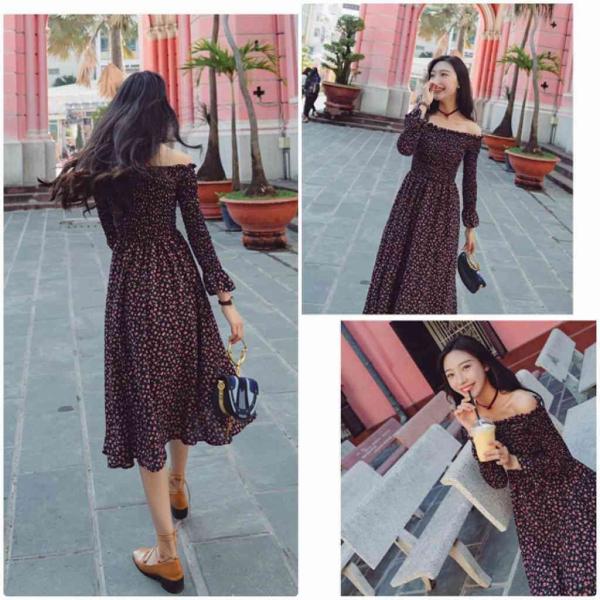 レディース　ワンピース　肩出し　肩見せ　オフショルダー　ハイウエスト　花柄　フレア　ミディ丈　ミモレ丈　長袖　カジュアル　キュート　可愛い　フェミニン　きれいめ　上品　エレガント　おしゃれ　お出かけ　お呼ばれ　ブラック　S　M　L　XL　サイズ　送料無料