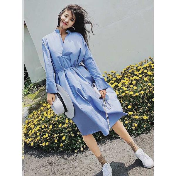 レディース　ワンピース　シャツワンピ　Vネック　ハイウエスト　シンプル　ミモレ丈　ゆったり　長袖　カジュアル　キュート　可愛い　フェミニン　きれいめ　上品　エレガント　おしゃれ　お出かけ　お呼ばれ　ブルー　S　M　L　サイズ　送料無料