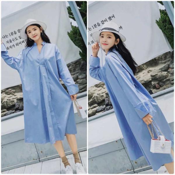 レディース　ワンピース　シャツワンピ　Vネック　ハイウエスト　シンプル　ミモレ丈　ゆったり　長袖　カジュアル　キュート　可愛い　フェミニン　きれいめ　上品　エレガント　おしゃれ　お出かけ　お呼ばれ　ブルー　S　M　L　サイズ　送料無料