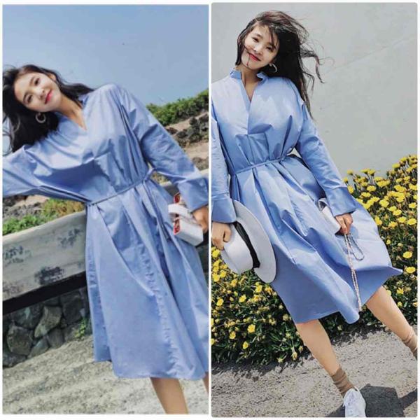 レディース　ワンピース　シャツワンピ　Vネック　ハイウエスト　シンプル　ミモレ丈　ゆったり　長袖　カジュアル　キュート　可愛い　フェミニン　きれいめ　上品　エレガント　おしゃれ　お出かけ　お呼ばれ　ブルー　S　M　L　サイズ　送料無料