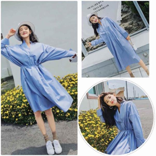 レディース　ワンピース　シャツワンピ　Vネック　ハイウエスト　シンプル　ミモレ丈　ゆったり　長袖　カジュアル　キュート　可愛い　フェミニン　きれいめ　上品　エレガント　おしゃれ　お出かけ　お呼ばれ　ブルー　S　M　L　サイズ　送料無料