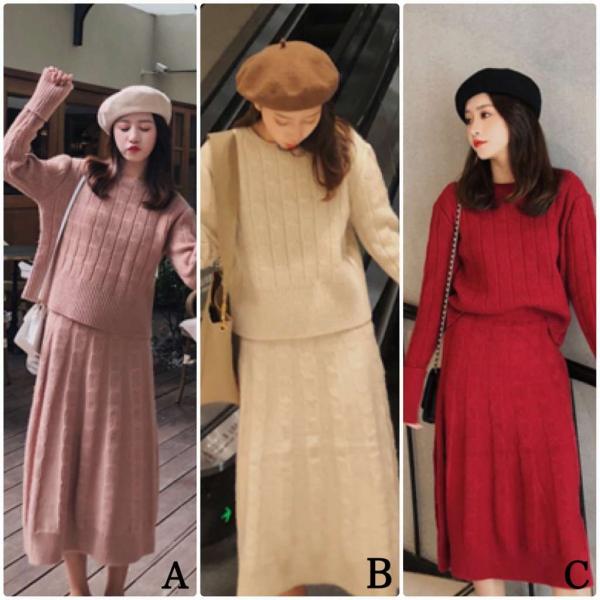 レディース　上下2点セット　ニットセーター　カットソー　ニットスカート　ハイウエスト　フレア　長袖　カジュアル　キュート　可愛い　フェミニン　きれいめ　上品　エレガント　おしゃれ　お出かけ　オフィス　お呼ばれ　レッド　ベージュ　フリーサイズ　送料無料