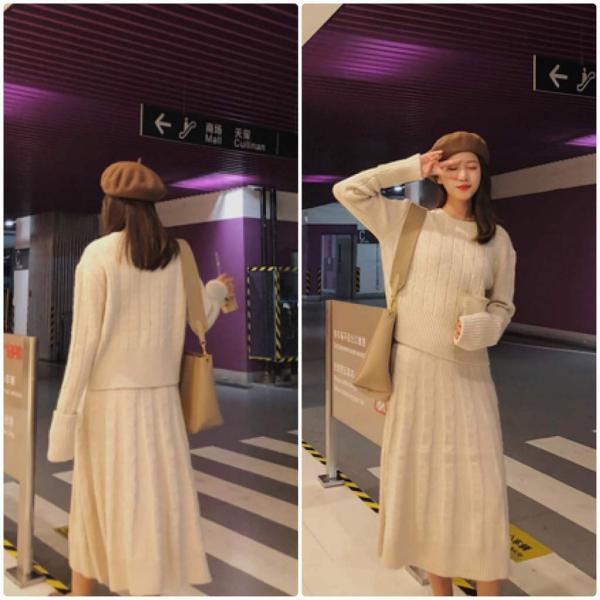 レディース　上下2点セット　ニットセーター　カットソー　ニットスカート　ハイウエスト　フレア　長袖　カジュアル　キュート　可愛い　フェミニン　きれいめ　上品　エレガント　おしゃれ　お出かけ　オフィス　お呼ばれ　レッド　ベージュ　フリーサイズ　送料無料