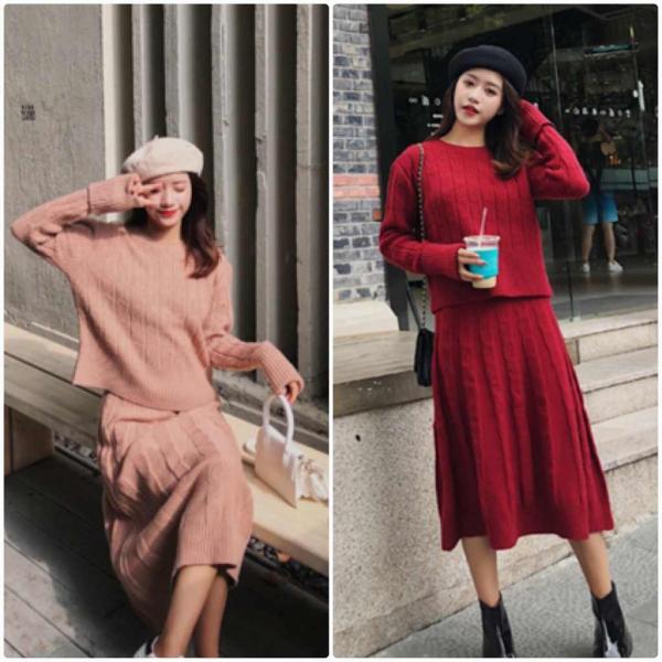 レディース　上下2点セット　ニットセーター　カットソー　ニットスカート　ハイウエスト　フレア　長袖　カジュアル　キュート　可愛い　フェミニン　きれいめ　上品　エレガント　おしゃれ　お出かけ　オフィス　お呼ばれ　レッド　ベージュ　フリーサイズ　送料無料