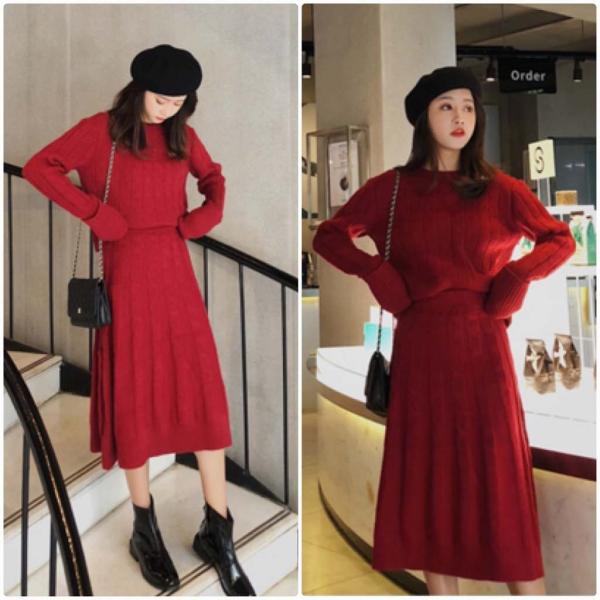 レディース　上下2点セット　ニットセーター　カットソー　ニットスカート　ハイウエスト　フレア　長袖　カジュアル　キュート　可愛い　フェミニン　きれいめ　上品　エレガント　おしゃれ　お出かけ　オフィス　お呼ばれ　レッド　ベージュ　フリーサイズ　送料無料
