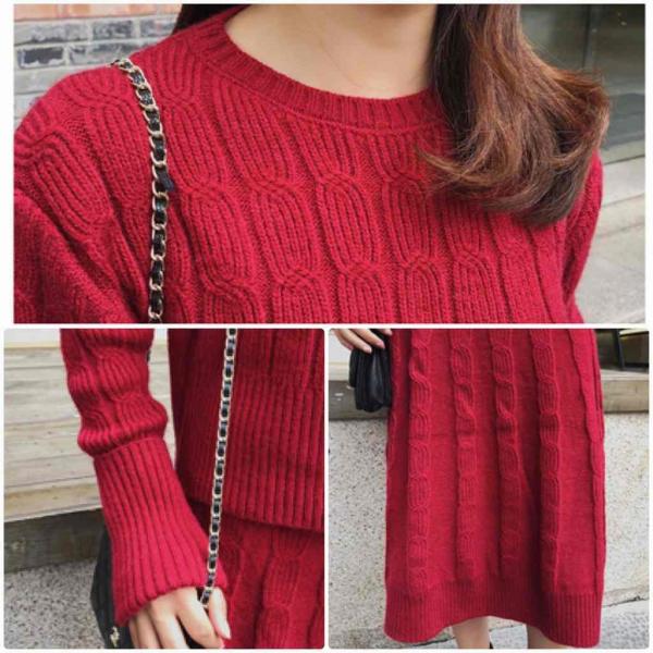 レディース　上下2点セット　ニットセーター　カットソー　ニットスカート　ハイウエスト　フレア　長袖　カジュアル　キュート　可愛い　フェミニン　きれいめ　上品　エレガント　おしゃれ　お出かけ　オフィス　お呼ばれ　レッド　ベージュ　フリーサイズ　送料無料