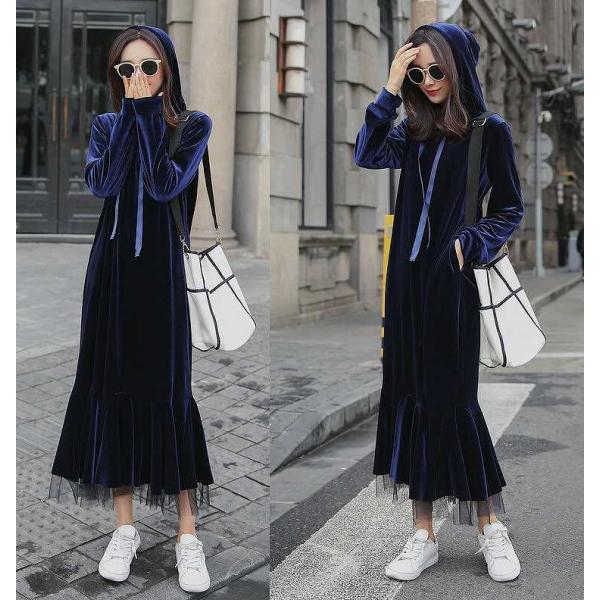 レディース　ワンピース　ベルベット　フード付きワンピ　マーメイドスカート　レース　シンプル　マキシ丈　ロング丈　長袖　カジュアル　キュート　可愛い　フェミニン　きれいめ　上品　エレガント　おしゃれ　お出かけ　お呼ばれ　ネイビー　S　M　L　サイズ　送料無料