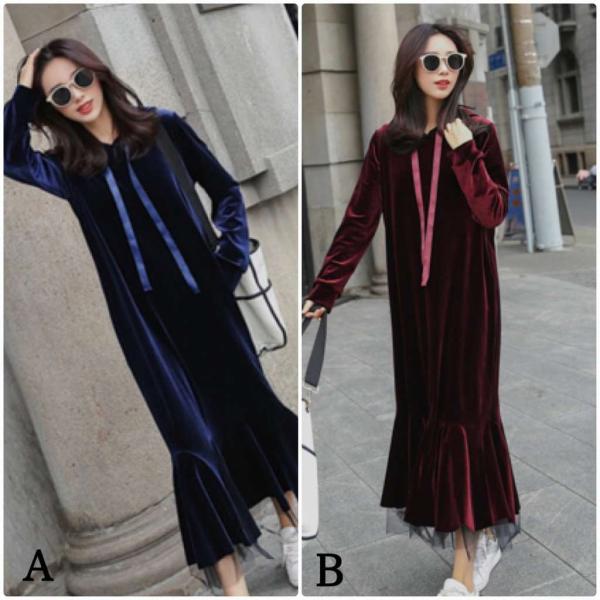 レディース　ワンピース　ベルベット　フード付きワンピ　マーメイドスカート　レース　シンプル　マキシ丈　ロング丈　長袖　カジュアル　キュート　可愛い　フェミニン　きれいめ　上品　エレガント　おしゃれ　お出かけ　お呼ばれ　ネイビー　S　M　L　サイズ　送料無料