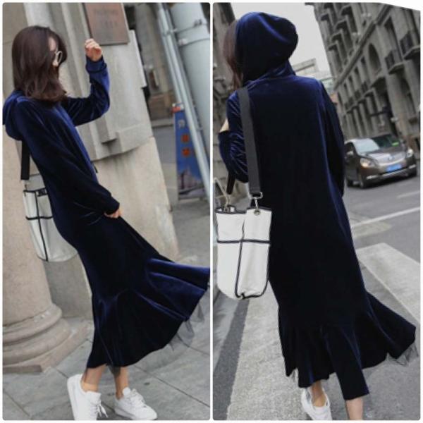 レディース　ワンピース　ベルベット　フード付きワンピ　マーメイドスカート　レース　シンプル　マキシ丈　ロング丈　長袖　カジュアル　キュート　可愛い　フェミニン　きれいめ　上品　エレガント　おしゃれ　お出かけ　お呼ばれ　ネイビー　S　M　L　サイズ　送料無料