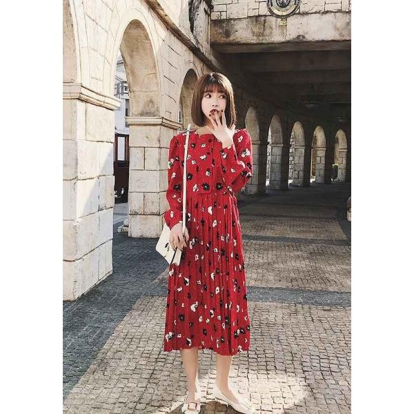 レディース　ワンピース　シフォン　ハイウエスト　花柄　ボタニカル柄　ラウンドネック　フレア　ミモレ丈　長袖　カジュアル　キュート　可愛い　フェミニン　きれいめ　上品　エレガント　おしゃれ　お出かけ　お呼ばれ　レッド　赤　S　M　L　サイズ　送料無料