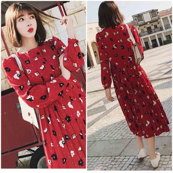 レディース　ワンピース　シフォン　ハイウエスト　花柄　ボタニカル柄　ラウンドネック　フレア　ミモレ丈　長袖　カジュアル　キュート　可愛い　フェミニン　きれいめ　上品　エレガント　おしゃれ　お出かけ　お呼ばれ　レッド　赤　S　M　L　サイズ　送料無料