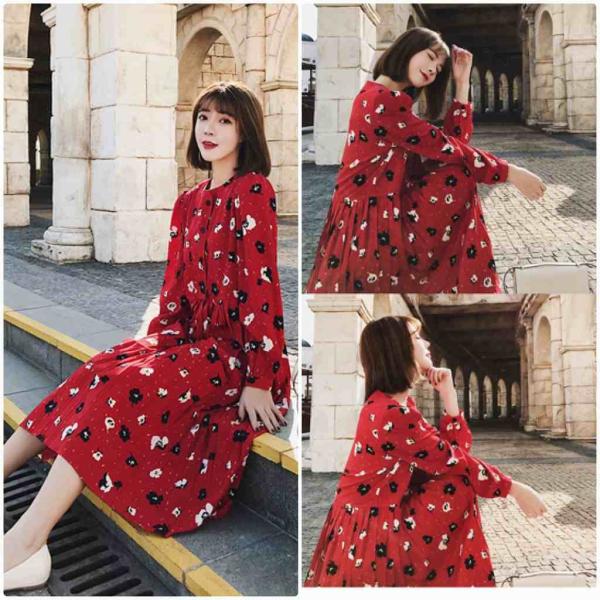 レディース　ワンピース　シフォン　ハイウエスト　花柄　ボタニカル柄　ラウンドネック　フレア　ミモレ丈　長袖　カジュアル　キュート　可愛い　フェミニン　きれいめ　上品　エレガント　おしゃれ　お出かけ　お呼ばれ　レッド　赤　S　M　L　サイズ　送料無料