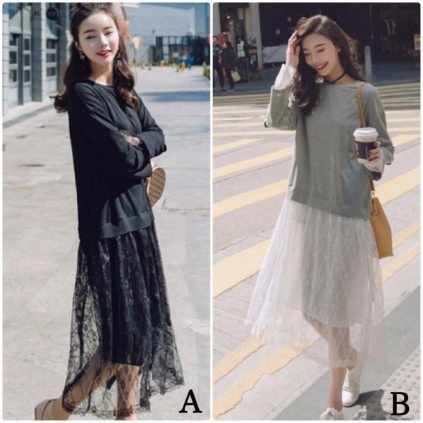 レディース　ワンピース　ニットワンピ　ニット＋レース　ラウンドネック　透け感　透け素材　フレア　ミモレ丈　長袖　カジュアル　キュート　可愛い　フェミニン　きれいめ　上品　エレガント　おしゃれ　お出かけ　お呼ばれ　グレー　ブラック　S　M　L　送料無料