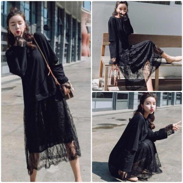 レディース　ワンピース　ニットワンピ　ニット＋レース　ラウンドネック　透け感　透け素材　フレア　ミモレ丈　長袖　カジュアル　キュート　可愛い　フェミニン　きれいめ　上品　エレガント　おしゃれ　お出かけ　お呼ばれ　グレー　ブラック　S　M　L　送料無料