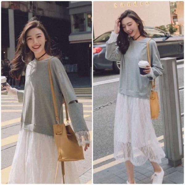 レディース　ワンピース　ニットワンピ　ニット＋レース　ラウンドネック　透け感　透け素材　フレア　ミモレ丈　長袖　カジュアル　キュート　可愛い　フェミニン　きれいめ　上品　エレガント　おしゃれ　お出かけ　お呼ばれ　グレー　ブラック　S　M　L　送料無料