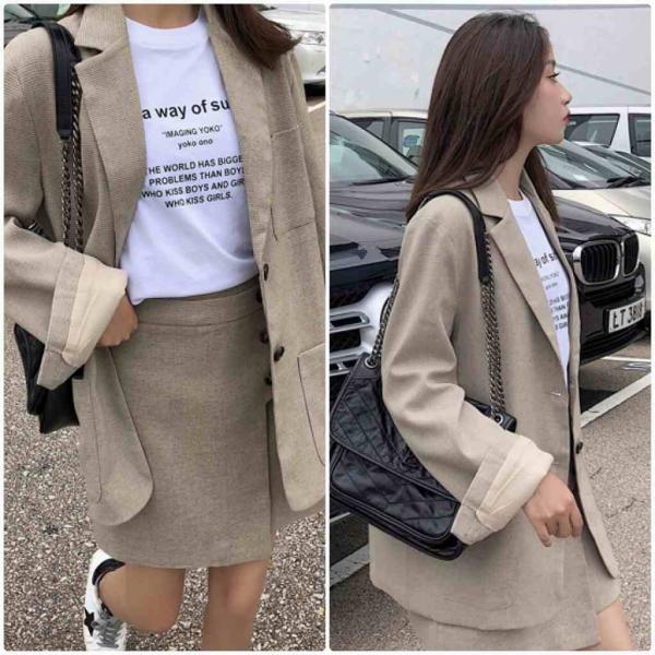 レディース　スーツ　テーラードジャケット　シングル　オーバーサイズ　スカート　ミニ丈　カジュアル　キュート　可愛い　フェミニン　きれいめ　上品　エレガント　おしゃれ　お出かけ　オフィス　お呼ばれ　ベージュ　S　M　L　XL　サイズ　送料無料