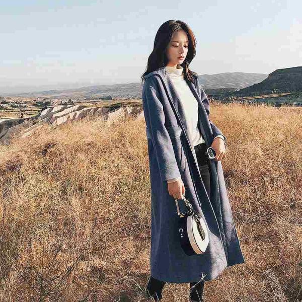 レディース　ウールコート　ステンカラーコート　腰紐　ジャケット　ロング丈　アウター　秋　冬　カジュアル　キュート　大人　可愛い　フェミニン　きれいめ　エレガント　おしゃれ　お出かけ　お呼ばれ　デイリー　オフィス　普段着　ブルー　S　M　L　XL　送料無料