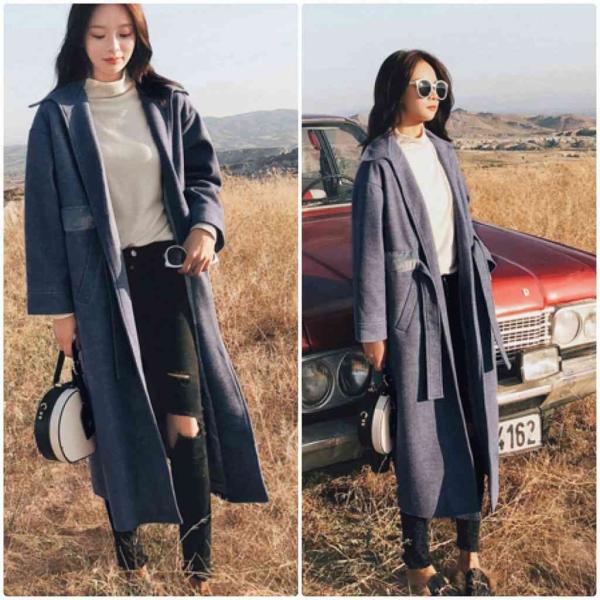 レディース　ウールコート　ステンカラーコート　腰紐　ジャケット　ロング丈　アウター　秋　冬　カジュアル　キュート　大人　可愛い　フェミニン　きれいめ　エレガント　おしゃれ　お出かけ　お呼ばれ　デイリー　オフィス　普段着　ブルー　S　M　L　XL　送料無料