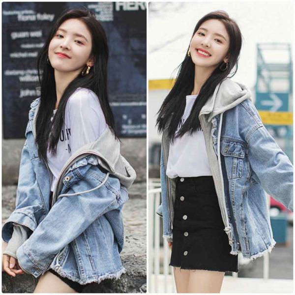 レディース　レイヤード風　デニムジャケット×パーカー　ジージャン　アウター　秋　冬　カジュアル　長袖　キュート　大人　可愛い　フェミニン　きれいめ　エレガント　おしゃれ　お出かけ　お呼ばれ　デイリー　普段着　ブラック　グレー　S　M　L　XL　送料無料