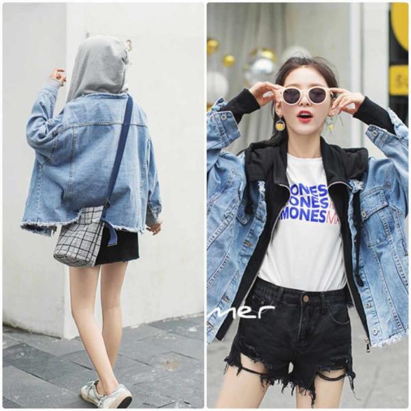 レディース　レイヤード風　デニムジャケット×パーカー　ジージャン　アウター　秋　冬　カジュアル　長袖　キュート　大人　可愛い　フェミニン　きれいめ　エレガント　おしゃれ　お出かけ　お呼ばれ　デイリー　普段着　ブラック　グレー　S　M　L　XL　送料無料