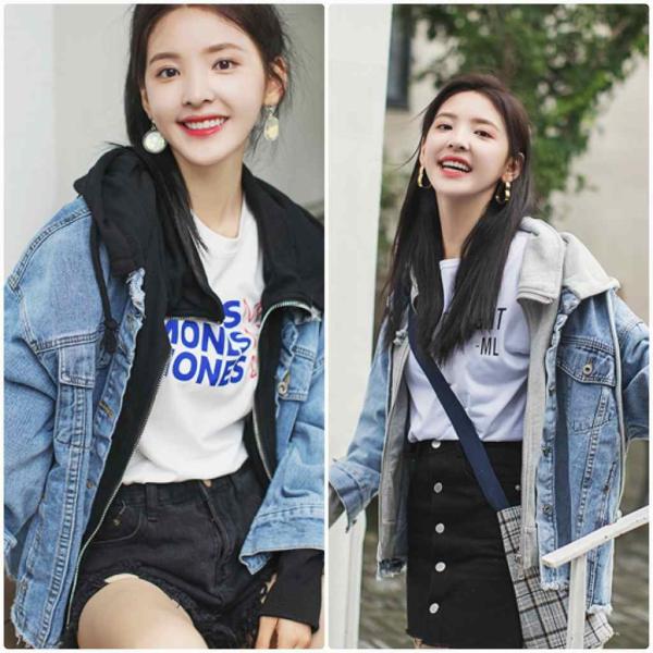 レディース　レイヤード風　デニムジャケット×パーカー　ジージャン　アウター　秋　冬　カジュアル　長袖　キュート　大人　可愛い　フェミニン　きれいめ　エレガント　おしゃれ　お出かけ　お呼ばれ　デイリー　普段着　ブラック　グレー　S　M　L　XL　送料無料