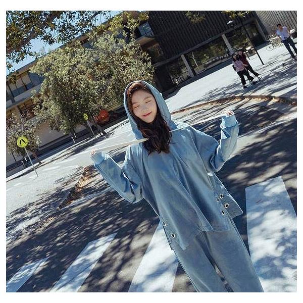 レディース　上下2点セット　ベロア生地　ベルベット　パンツ　パーカー　セットアップ　オーバーサイズ　ゆったり　ビッグシルエット　半端丈　クロップド　アンクル丈　部屋着　ルームウェア　長袖　キュート　カジュアル　可愛い　おしゃれ　ブルー　レッド　送料無料