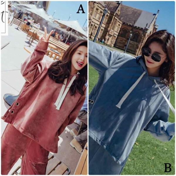 レディース　上下2点セット　ベロア生地　ベルベット　パンツ　パーカー　セットアップ　オーバーサイズ　ゆったり　ビッグシルエット　半端丈　クロップド　アンクル丈　部屋着　ルームウェア　長袖　キュート　カジュアル　可愛い　おしゃれ　ブルー　レッド　送料無料