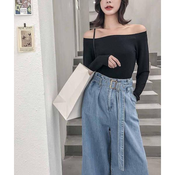 レディース　ワイドレッグパンツ　ベルト　デニム　ジーンズ　ジーパン　ボトムス　カジュアル　キュート　可愛い　フェミニン　きれいめ　エレガント　おしゃれ　お出かけ　オフィス　デイリー　普段着　ブルー　XS　S　M　サイズ　送料無料