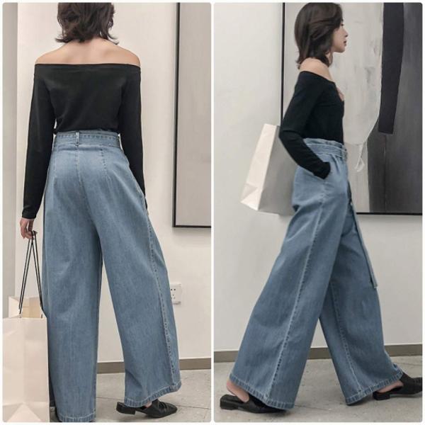 レディース　ワイドレッグパンツ　ベルト　デニム　ジーンズ　ジーパン　ボトムス　カジュアル　キュート　可愛い　フェミニン　きれいめ　エレガント　おしゃれ　お出かけ　オフィス　デイリー　普段着　ブルー　XS　S　M　サイズ　送料無料
