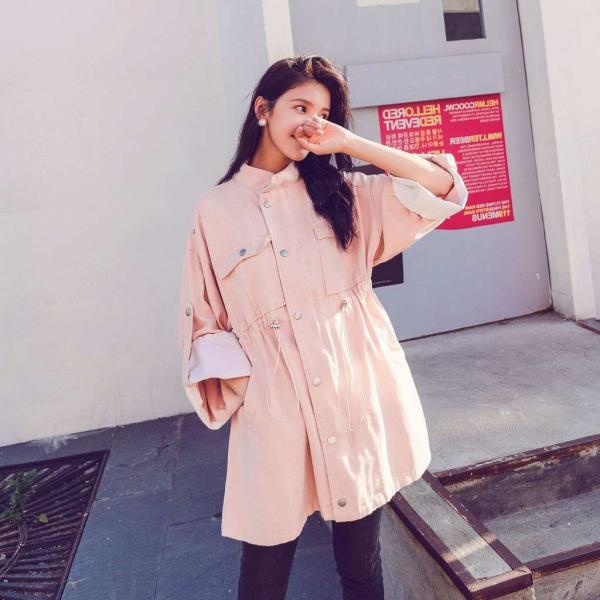 レディース　ジャケット　ブルゾン　コート　スタンドカラー　腰紐　アウター　秋　冬　カジュアル　長袖　キュート　大人　可愛い　フェミニン　きれいめ　エレガント　おしゃれ　お出かけ　お呼ばれ　デイリー　オフィス　普段着　カーキ　ピンク　S　M　L　送料無料