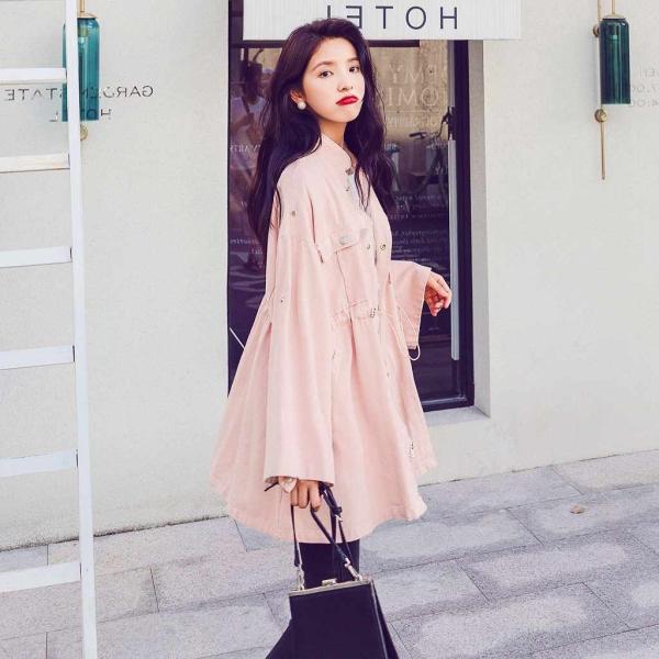 レディース　ジャケット　ブルゾン　コート　スタンドカラー　腰紐　アウター　秋　冬　カジュアル　長袖　キュート　大人　可愛い　フェミニン　きれいめ　エレガント　おしゃれ　お出かけ　お呼ばれ　デイリー　オフィス　普段着　カーキ　ピンク　S　M　L　送料無料