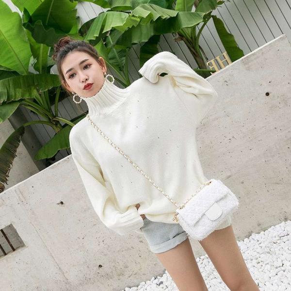 レディース　ニット　セーター　ハイネック　長袖　シンプル　ゆったり　オーバーサイズ　トップス　秋　冬　カジュアル　キュート　大人　可愛い　フェミニン　おしゃれ　お出かけ　オフィス　デイリー　普段着　キャメル　ホワイト　フリーサイズ　ワンサイズ　送料無料