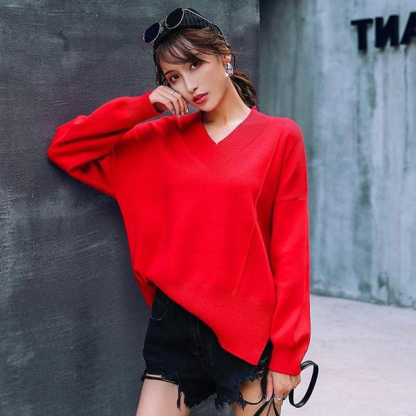 レディース　ニット　セーター　Vネック　長袖　シンプル　ゆったり　オーバーサイズ　トップス　秋　冬　カジュアル　キュート　大人　可愛い　フェミニン　おしゃれ　お出かけ　オフィス　デイリー　普段着　グリーン　ブラック　レッド　S　M　サイズ　送料無料