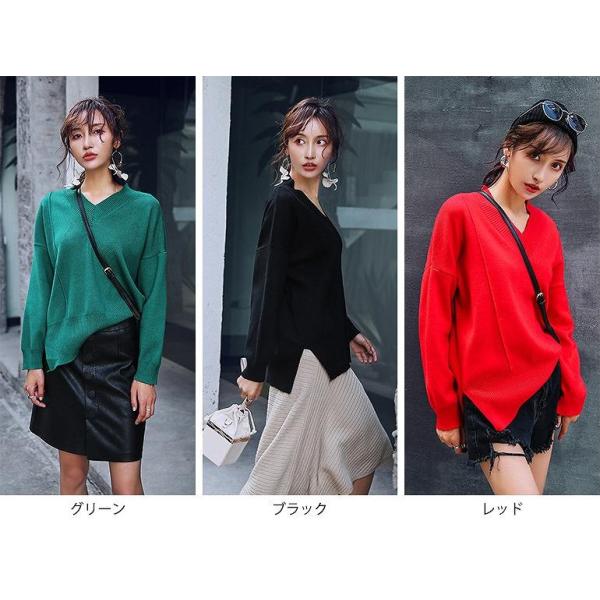 レディース　ニット　セーター　Vネック　長袖　シンプル　ゆったり　オーバーサイズ　トップス　秋　冬　カジュアル　キュート　大人　可愛い　フェミニン　おしゃれ　お出かけ　オフィス　デイリー　普段着　グリーン　ブラック　レッド　S　M　サイズ　送料無料