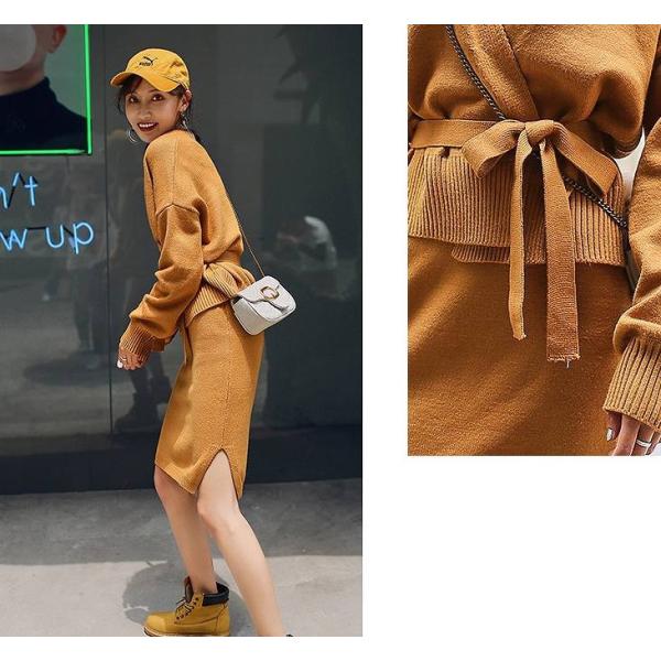 レディース　上下2点セット　ニット　カーディガン　カットソー　ニットスカート　ハイウエスト　長袖　カジュアル　キュート　可愛い　フェミニン　きれいめ　上品　エレガント　おしゃれ　お出かけ　オフィス　お呼ばれ　キャメル　ベージュ　S　M　サイズ　送料無料