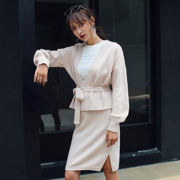 レディース　上下2点セット　ニット　カーディガン　カットソー　ニットスカート　ハイウエスト　長袖　カジュアル　キュート　可愛い　フェミニン　きれいめ　上品　エレガント　おしゃれ　お出かけ　オフィス　お呼ばれ　キャメル　ベージュ　S　M　サイズ　送料無料
