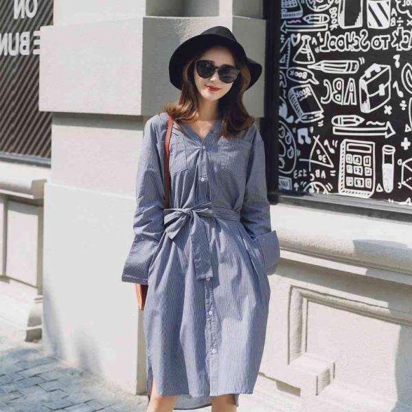 レディース　ワンピース　シャツワンピ　ストライプ　腰紐　Vネック　ひざ丈　ミディ丈　長袖　カジュアル　キュート　可愛い　フェミニン　きれいめ　上品　エレガント　おしゃれ　お出かけ　お呼ばれ　ブラック　S　M　L　サイズ　送料無料