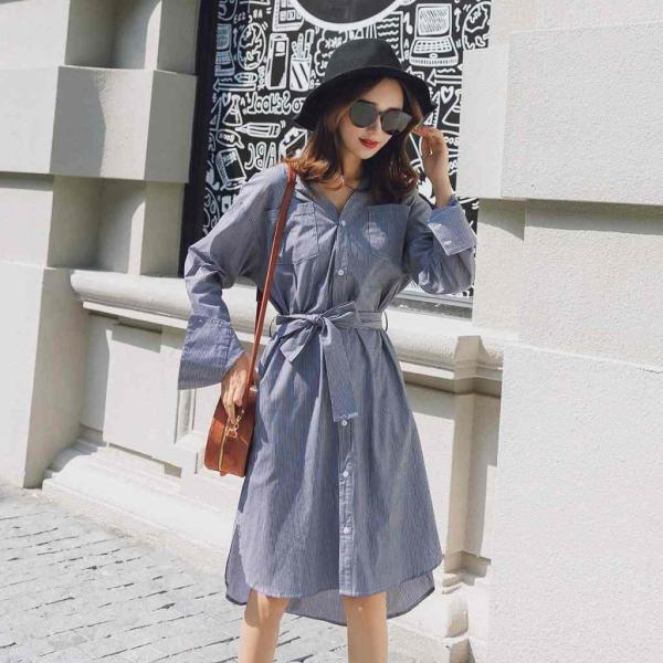 レディース　ワンピース　シャツワンピ　ストライプ　腰紐　Vネック　ひざ丈　ミディ丈　長袖　カジュアル　キュート　可愛い　フェミニン　きれいめ　上品　エレガント　おしゃれ　お出かけ　お呼ばれ　ブラック　S　M　L　サイズ　送料無料