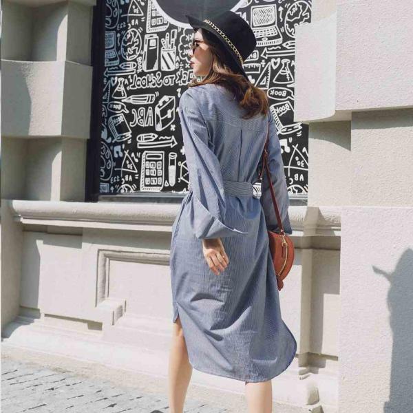 レディース　ワンピース　シャツワンピ　ストライプ　腰紐　Vネック　ひざ丈　ミディ丈　長袖　カジュアル　キュート　可愛い　フェミニン　きれいめ　上品　エレガント　おしゃれ　お出かけ　お呼ばれ　ブラック　S　M　L　サイズ　送料無料