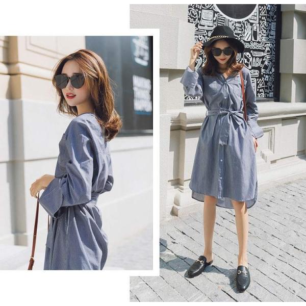 レディース　ワンピース　シャツワンピ　ストライプ　腰紐　Vネック　ひざ丈　ミディ丈　長袖　カジュアル　キュート　可愛い　フェミニン　きれいめ　上品　エレガント　おしゃれ　お出かけ　お呼ばれ　ブラック　S　M　L　サイズ　送料無料